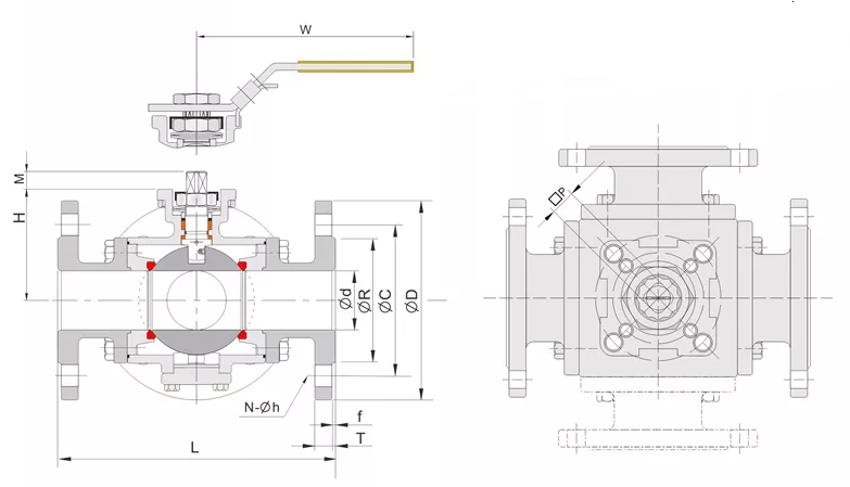 Lever 3 way stainless steel ball valve flow structure