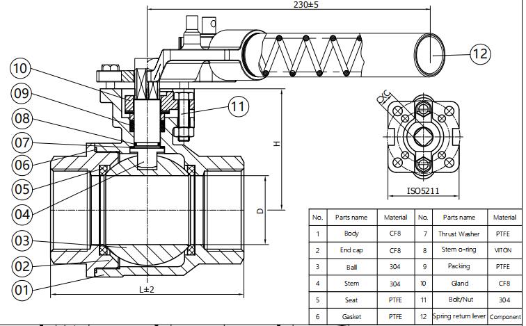 2 Piece stainless steel spring return ball valve 